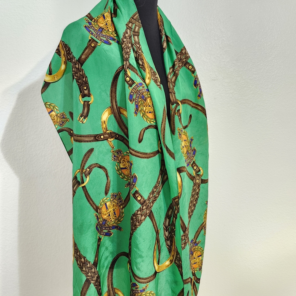 Ralph Lauren 64" RARE VINTAGE DERBY EQUESTRIAN Monogram Emerald SILK Wrap